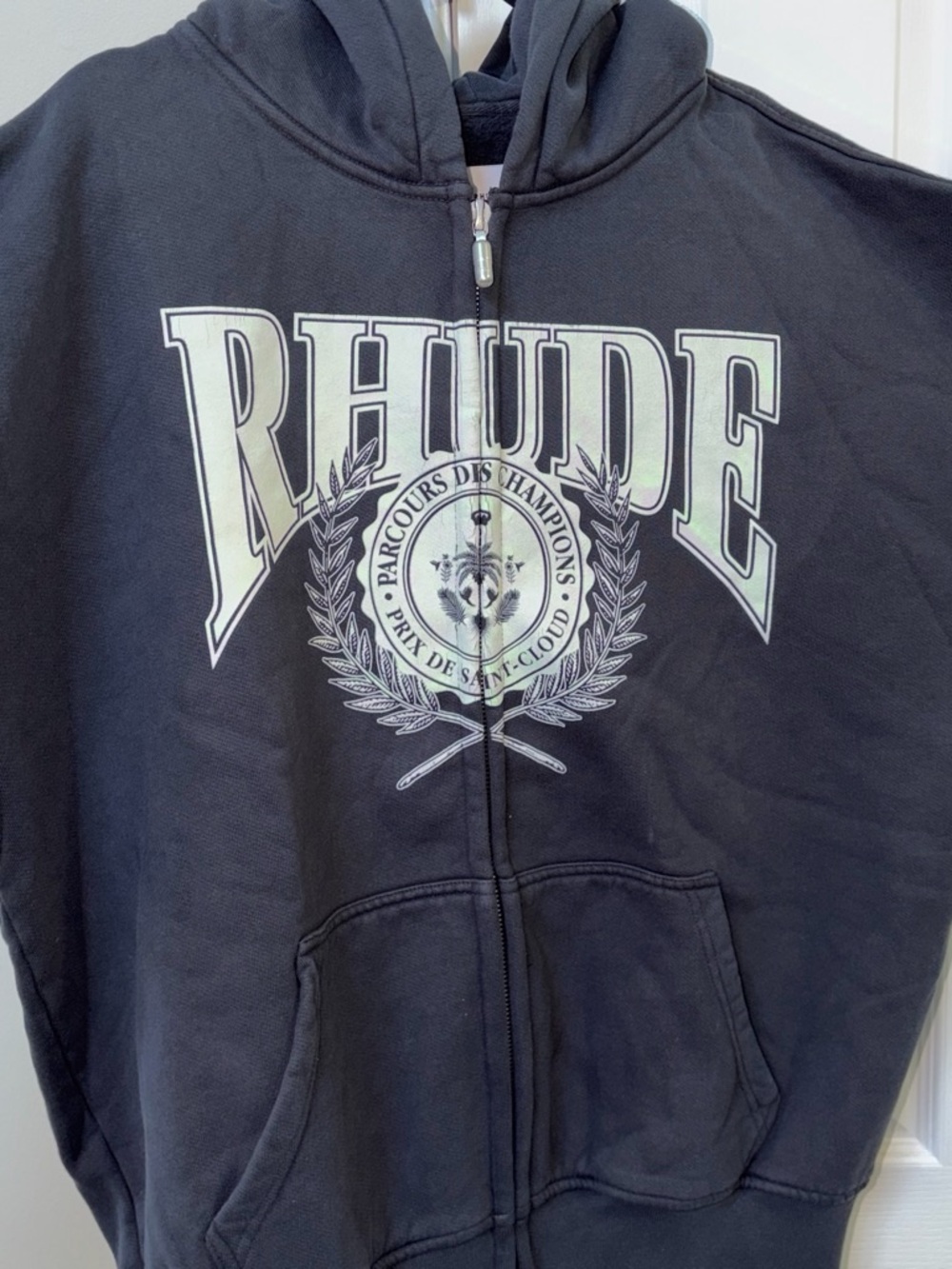 Rhude Black and White Logo Zip Hoodie with Branded Silver Hardware